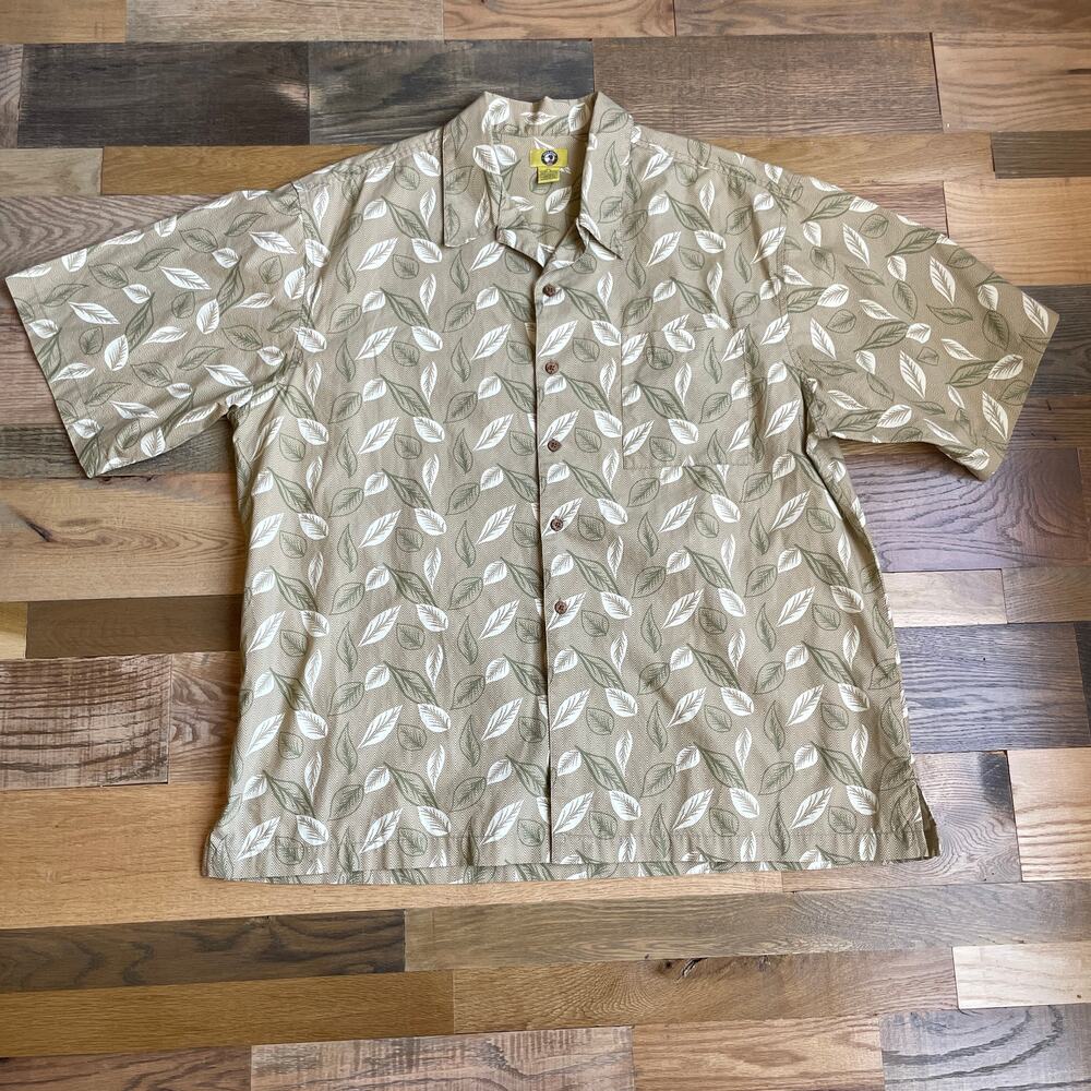 Duck Head Men's XL Leaf Print Camp Shirt Tan Green 100% Cotton Hawaiian